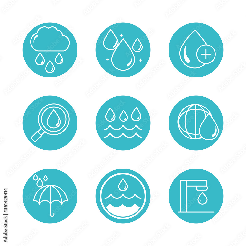 water drops nature liquid save environment, drink, blue block style icons set water drops nature liquid save environment, drink, blue block style icons set