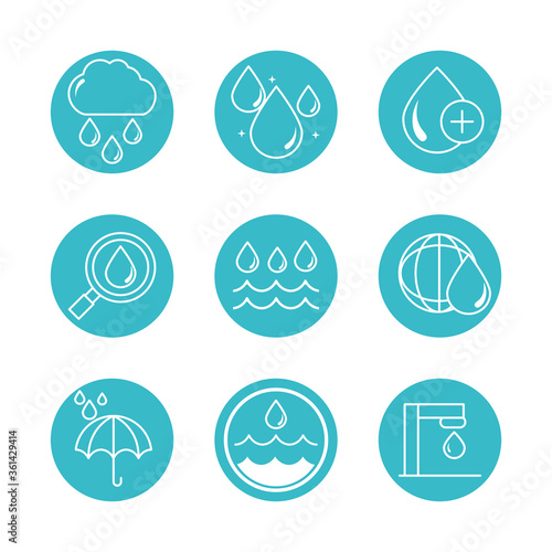 water drops nature liquid save environment, drink, blue block style icons set