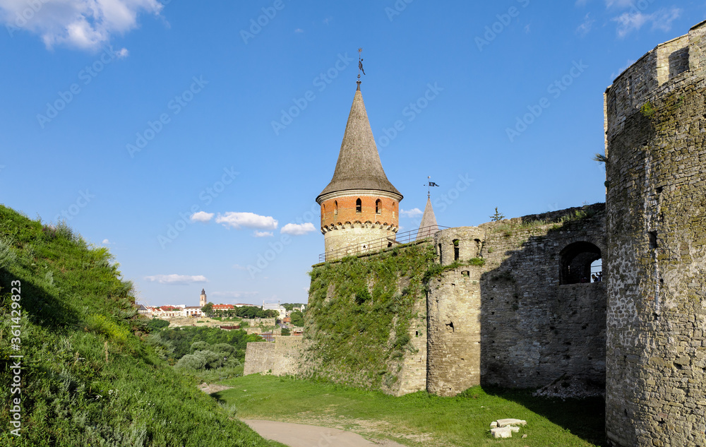 ancient castle on the mountain, with a beautiful sky, in sunny weather 