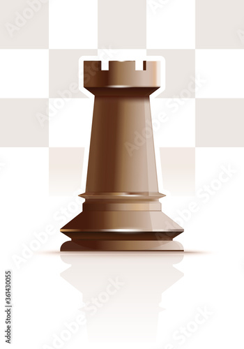 White chess figure rook on a background of chessboard cells. Ivory white rook. White Tower. Realistic vector illustration