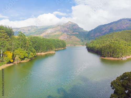 Aerial view beautiful nature with mountains and hills by Lake Mattupetty. Kerala State. Near the city of Munar. photo