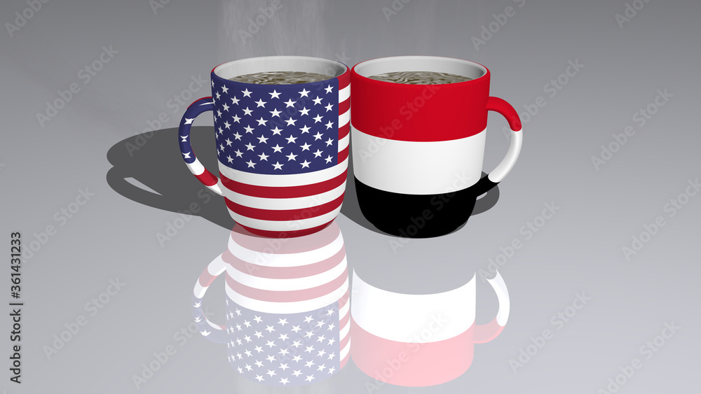 Fototapeta premium Relationship of presented by their national flags on cups of tea or coffee as editorial or commercial picture