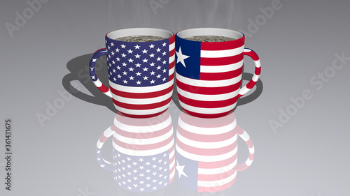 relationship shown by national flags over coffee cups on mirror floor as editorial and commercial image