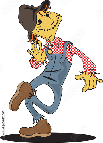 Smiling, goofy scarecrow dances a little jig