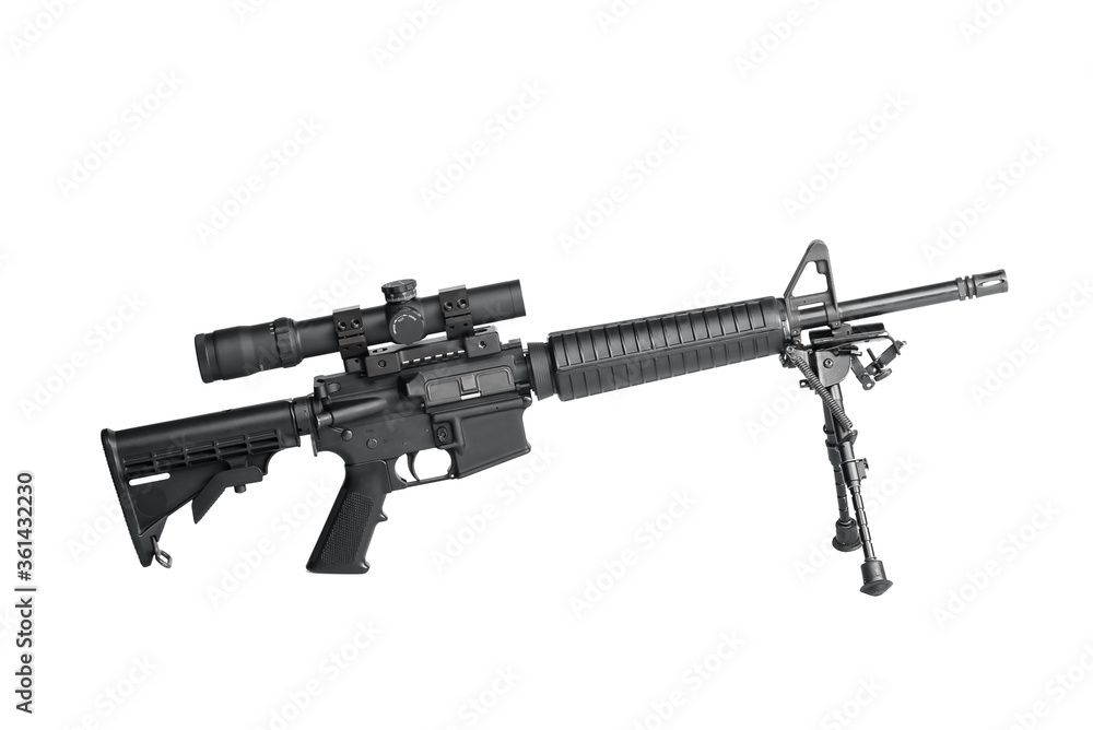 Rifle on a bipod with a telescopic sight isolated on white background Rifle on a bipod with a telescopic sight isolated on white background