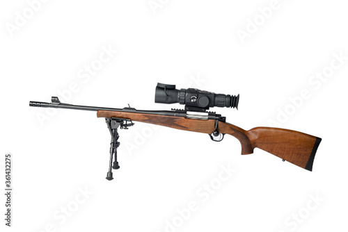 Rifle on a bipod with a telescopic sight isolated on white background