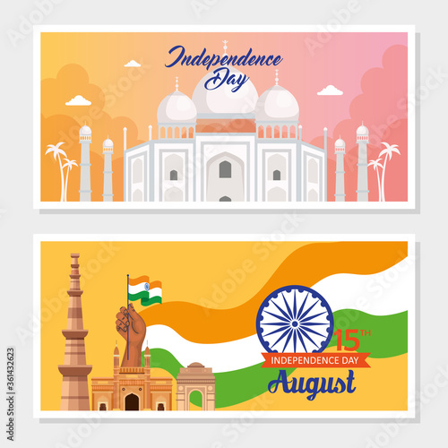 set of banner, indian happy independence day with decoration