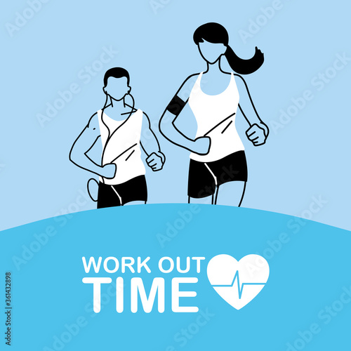Man and woman avatar running and work out time vector design
