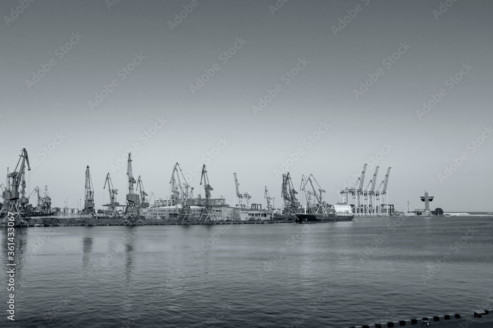 Harbor cranes, black and white poster