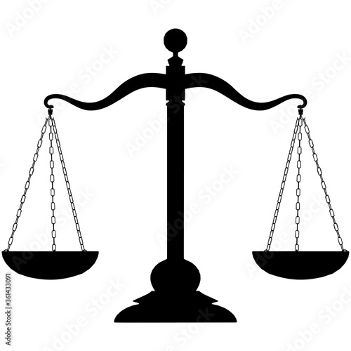 Black justice scales icon. Law balance symbol. Libra in flat design. Vector illustration.