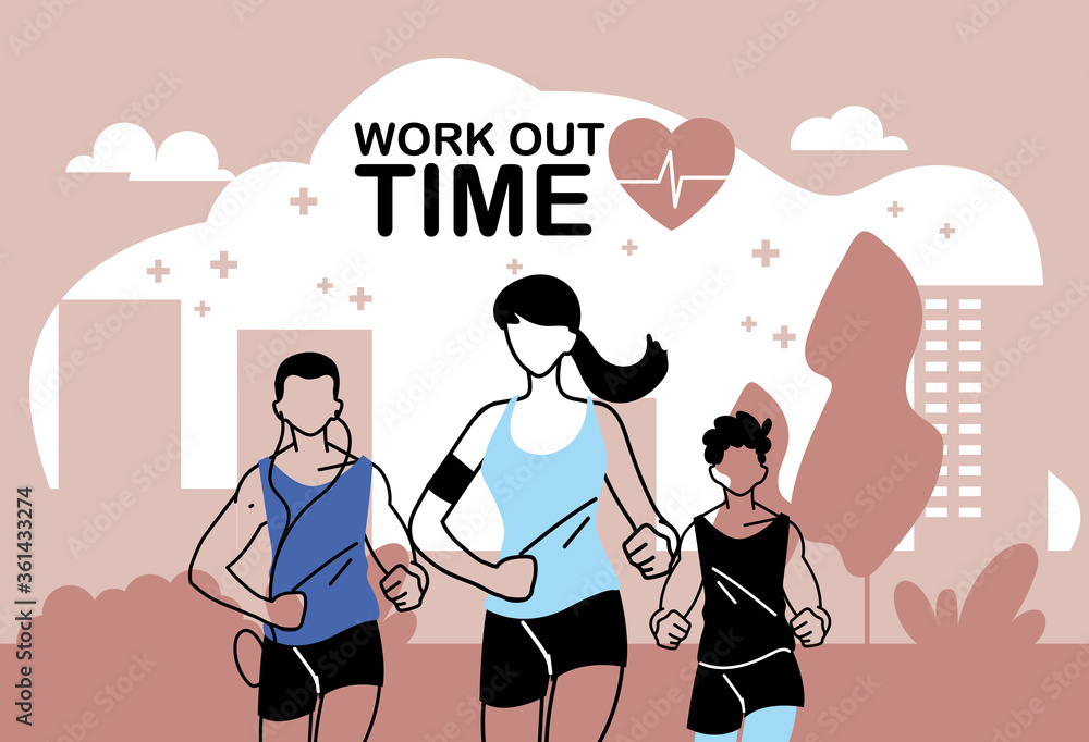 Obraz premium Woman and men running and work out time vector design