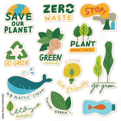 Set of Ecology Sticker with slogan in doodle style vector illustration