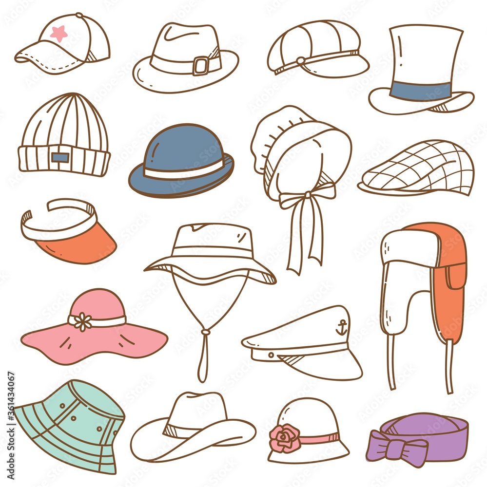 Set of hats doodle isolated on white background Set of hats doodle isolated on white background