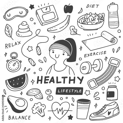 Set of Healthy Lifestyle in doodle style illustration
