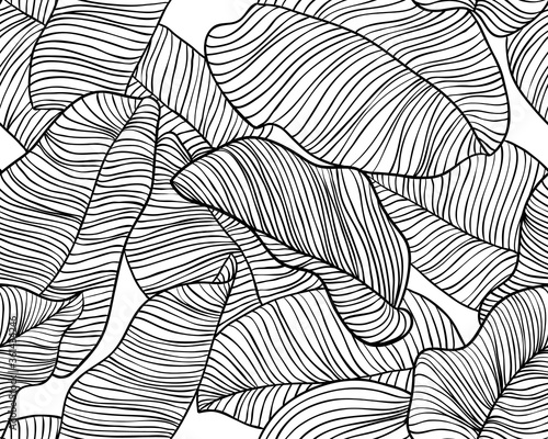 Seamless pattern, hand drawn outline black ink banana leaves on white background