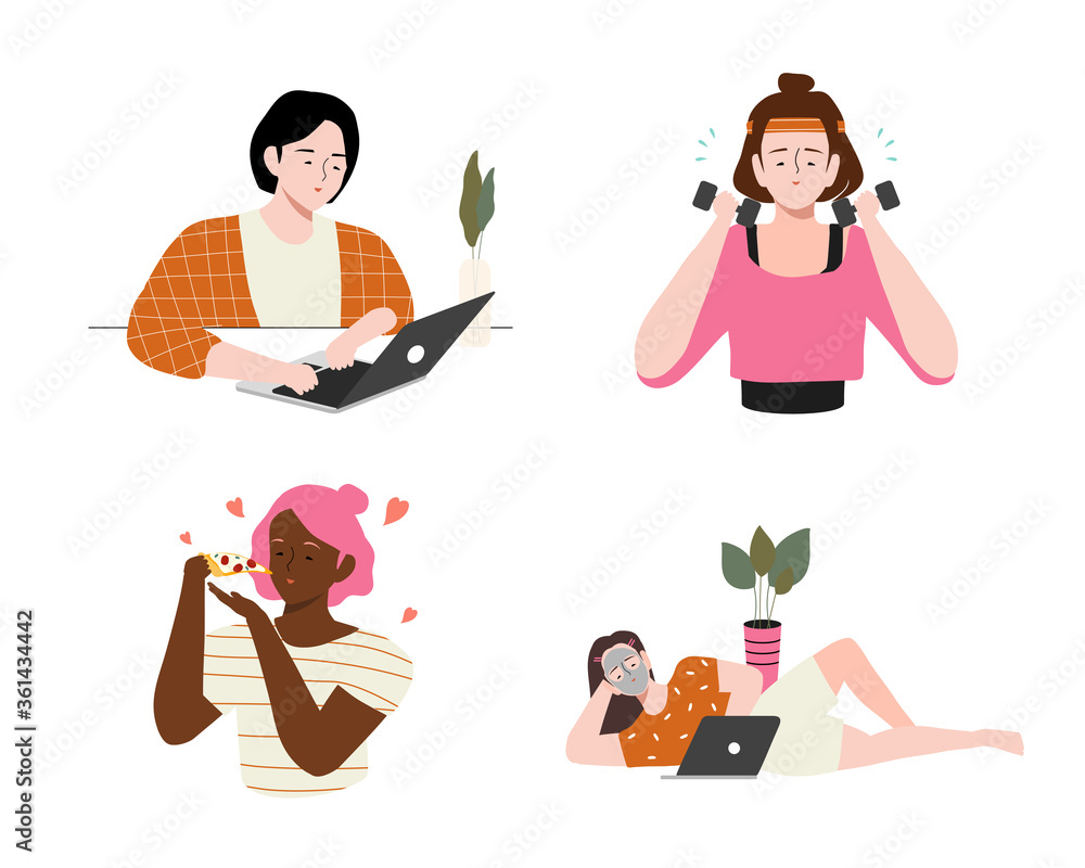 Woman's daily routine at home vector illustration. Set of everyday leisure and work activities performed young woman. Girl eat, do sports, work and study with laptop, lie down and rest watching movies