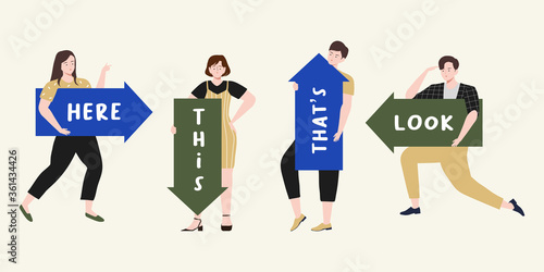 vector illustration of business people. People pointing up, down, left, right and holding big direction arrow with text space vector illustration. Male and female do guide direction