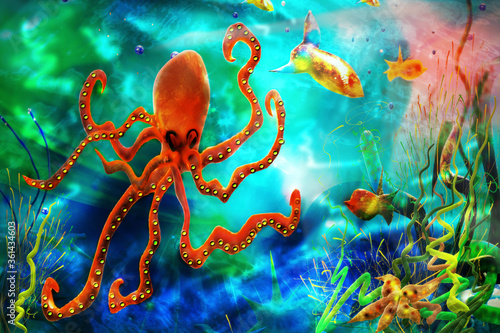 Sea life. Octopus in the sea with tropical fishes. Underwater world colorful illustration. 