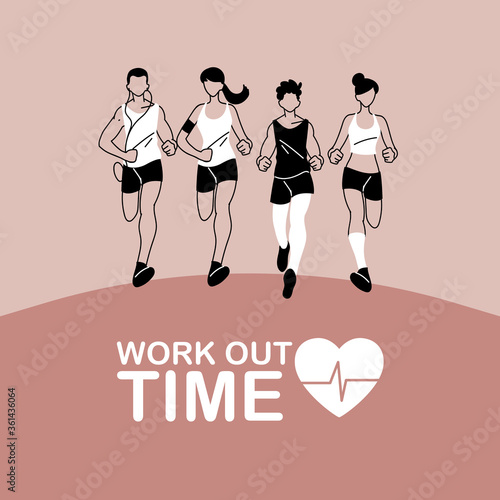 Women and men running and work out time vector design
