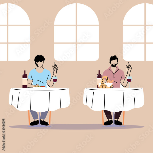 social distancing in restaurant, men eating on table, protection and prevention of coronavirus or covid-19