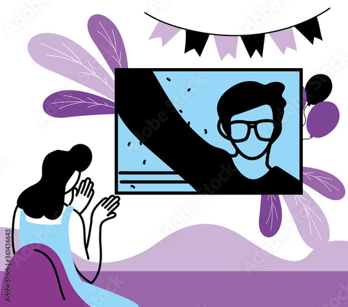 woman with party hat waving boy on screen with leaves vector design