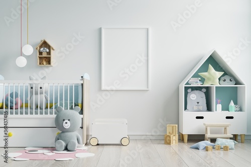 Mock up poster frame in children room,kids room,nursery mockup,white wall.