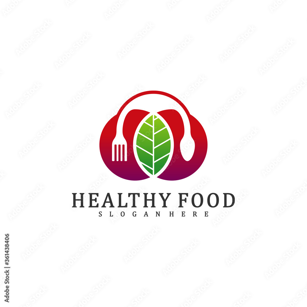 Healthy Food Logo Design Template, Food with leaf logo design concept vector, Icon Symbol Healthy Food Logo Design Template, Food with leaf logo design concept vector, Icon Symbol