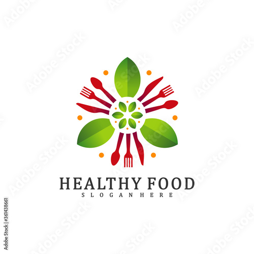 Healthy Food Logo Design Template, Food with leaf logo design concept vector, Icon Symbol