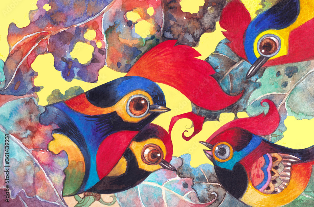  Assemblage of paradise birds in the jungle.Watercolor hand made illustration for background,nature poster,birds cartoon images,advertising,banner,textile,books cover,greeting card.