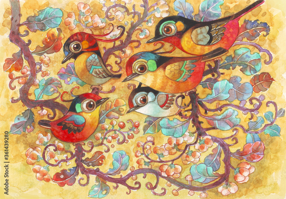 Fototapeta premium Five birds in the fantasy forest.Watercolor hand made illustration for greeting card,background,wallpaper,printing,advertising,poster,animals cartoon image,birds cartoon image,decoration,pattern.