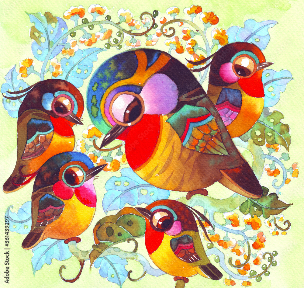 The fantasy birds family in the forest.Hand made watercolor images for greeting card,background,pattern,decoration,nature illust,birds cartoon images,poster,banner,advertising,clip art,printing,cover.