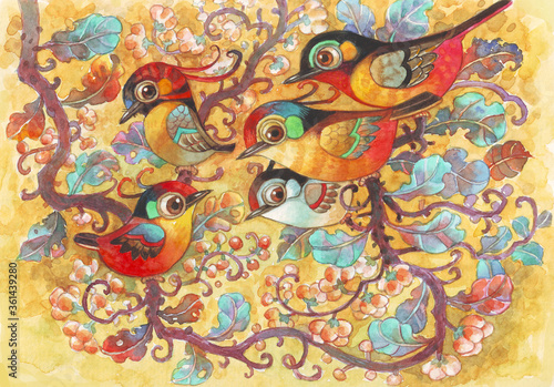 Five birds in the fantasy forest.Watercolor hand made illustration for greeting card,background,wallpaper,printing,advertising,poster,animals cartoon image,birds cartoon image,decoration,pattern.