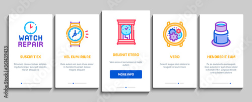 Watch Repair Service Onboarding Mobile App Page Screen Vector. Watch Change Display Glass And Mechanical Gear, Instrument And Magnifier Color Illustrations