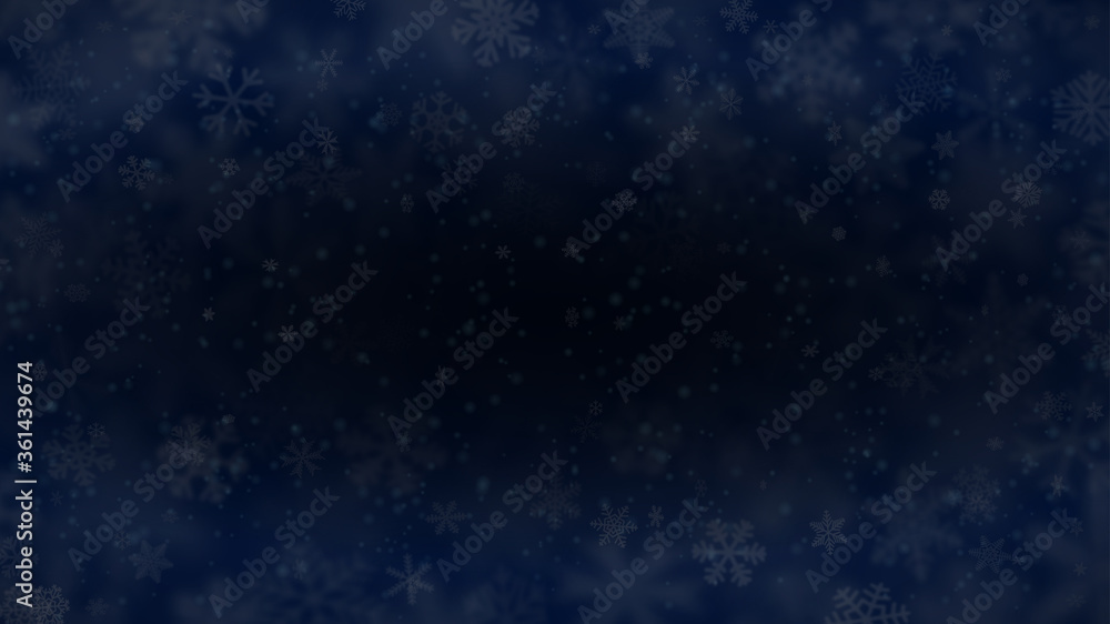 Christmas background of snowflakes of different shapes, sizes, blur and transparency in dark blue colors