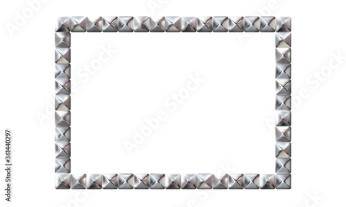 Rectangle realistic frame from silver square rivets pyramid claws for leather. Slender on white background. Steel, photo frame template. For picture. Vector illustration