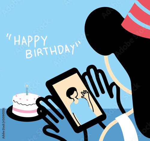 woman with party hat waving man on smartphone and cake vector design