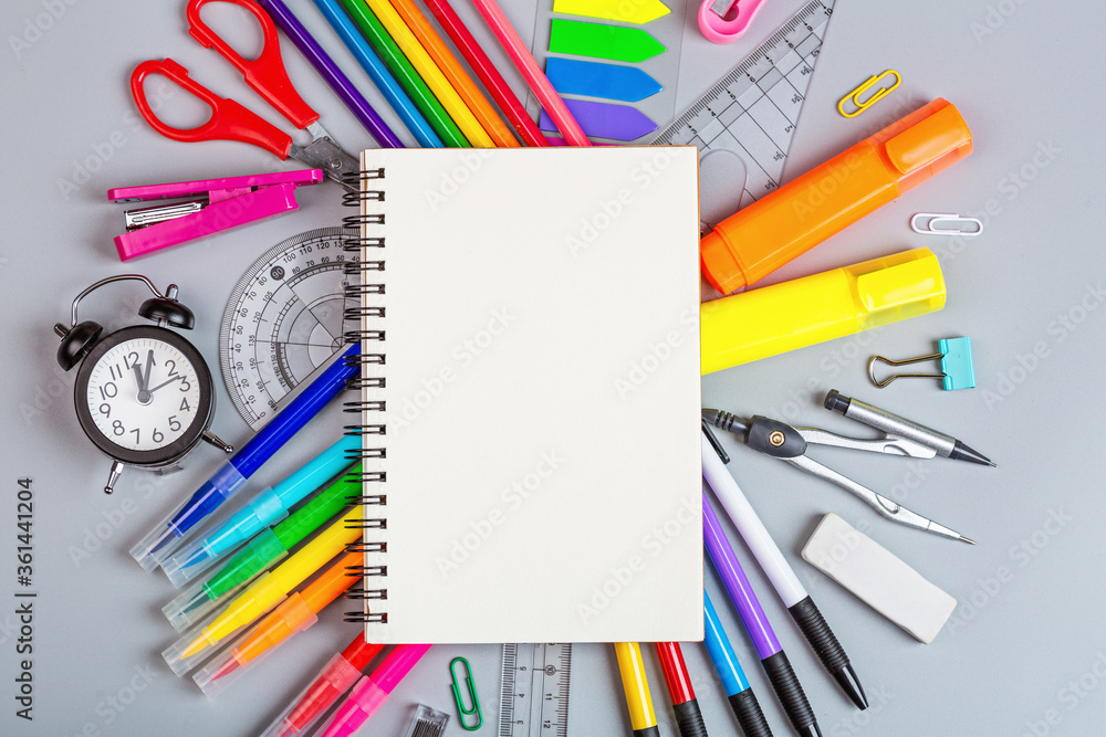 Back to School background with place for text. Collection of school supplies in a bright flat style. Educational concept. Copy space, mockup, overhead, template. Back to School background with place for text. Collection of school supplies in a bright flat style. Educational concept. Copy space, mockup, overhead, template.