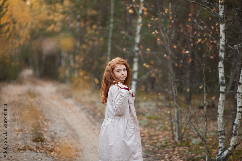 Portrait of a happy cute red-haired child girl with freckles in a colorful autumn forest or park. Autumn mood. Portrait of a happy cute red-haired child girl with freckles in a colorful autumn forest or park. Autumn mood.