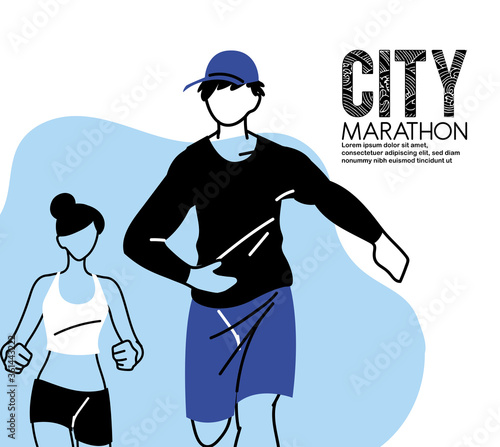 Man and woman avatar running and 10k city marathon vector design