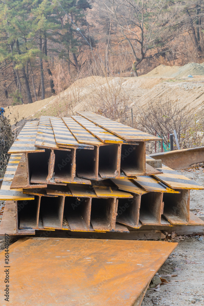 Obraz premium Iron construction beams at construction site.