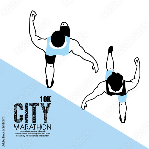 men avatars running and 10k city marathon top view vector design