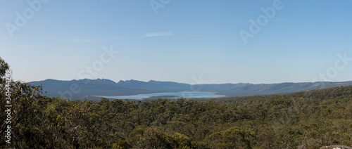panoramic view of Moora Moora reservoir lake in the Grampians national park with native trees and mountain ranges along the horizon, regional Victoria high country, Australia