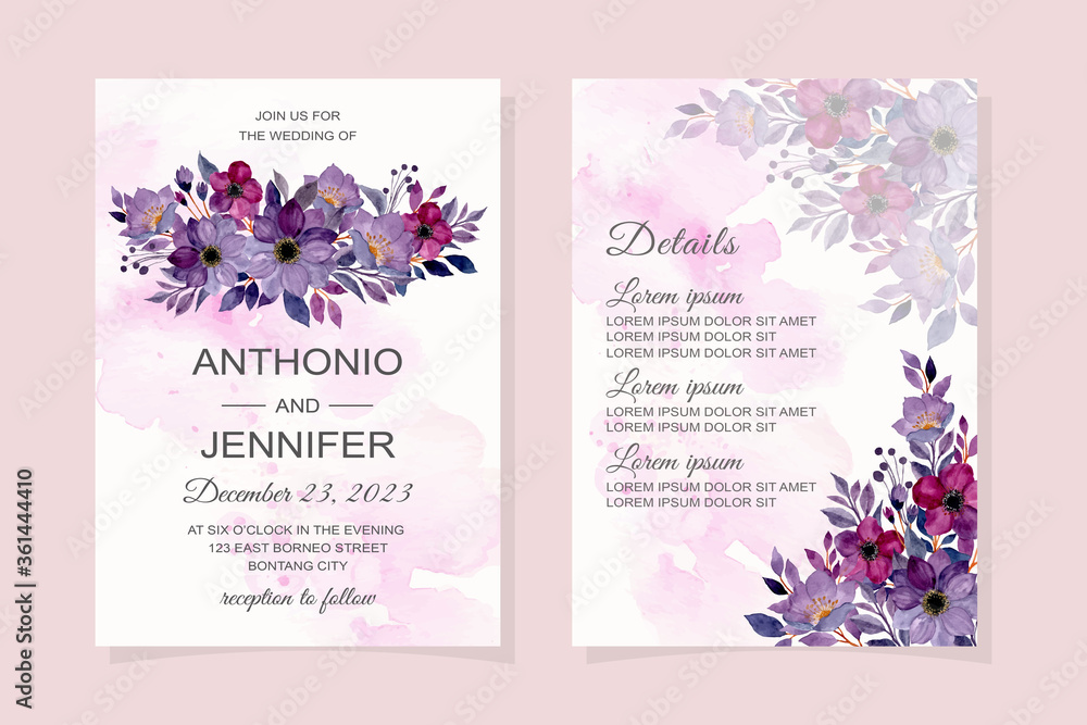 wedding invitation card with purple flowers watercolor wedding invitation card with purple flowers watercolor