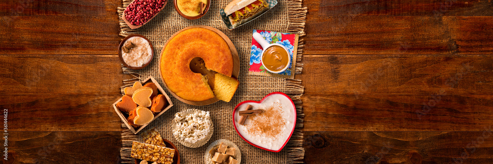 Typical Brazilian junina party sweets - Top view with copy space.