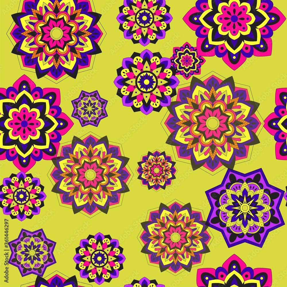 Colorful seamless pattern with plants and floral elements. Bright psychedelic background.