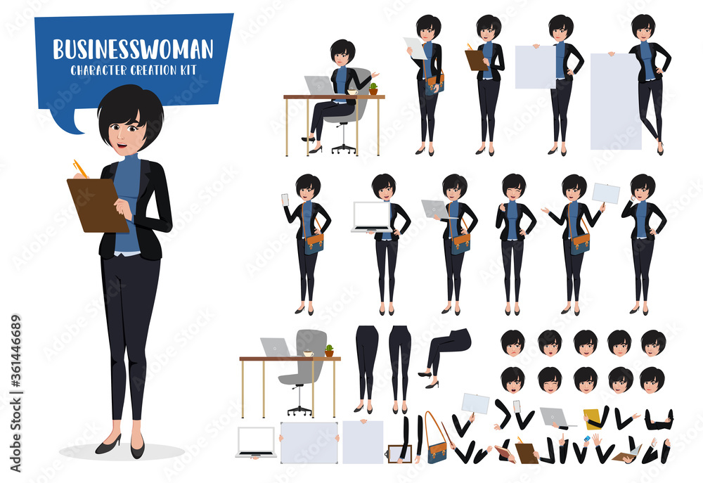 Businesswoman character creation vector set. Business woman characters editable create kit female office manager body parts movement for sales demo presentation collection. Vector illustration
