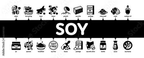 Soy Bean Food Product Minimal Infographic Web Banner Vector. Agricultural Harvester Harvesting On Farm And Milk Package, Soy Sauce Bottle And Plant Illustration