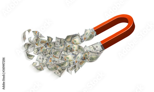 Red horseshoe magnet attracting money on white background