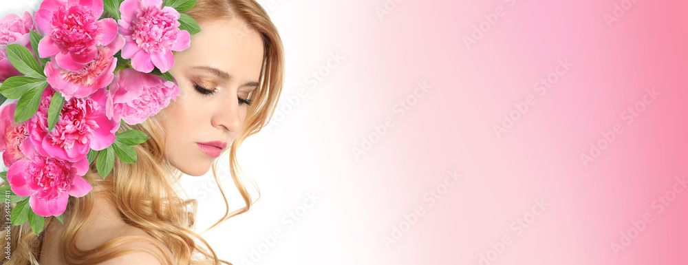 Young woman with beautiful makeup wearing flower wreath on pink background, space for text. Banner design