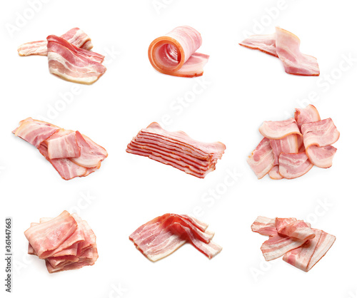 Set with bacon slices on white background